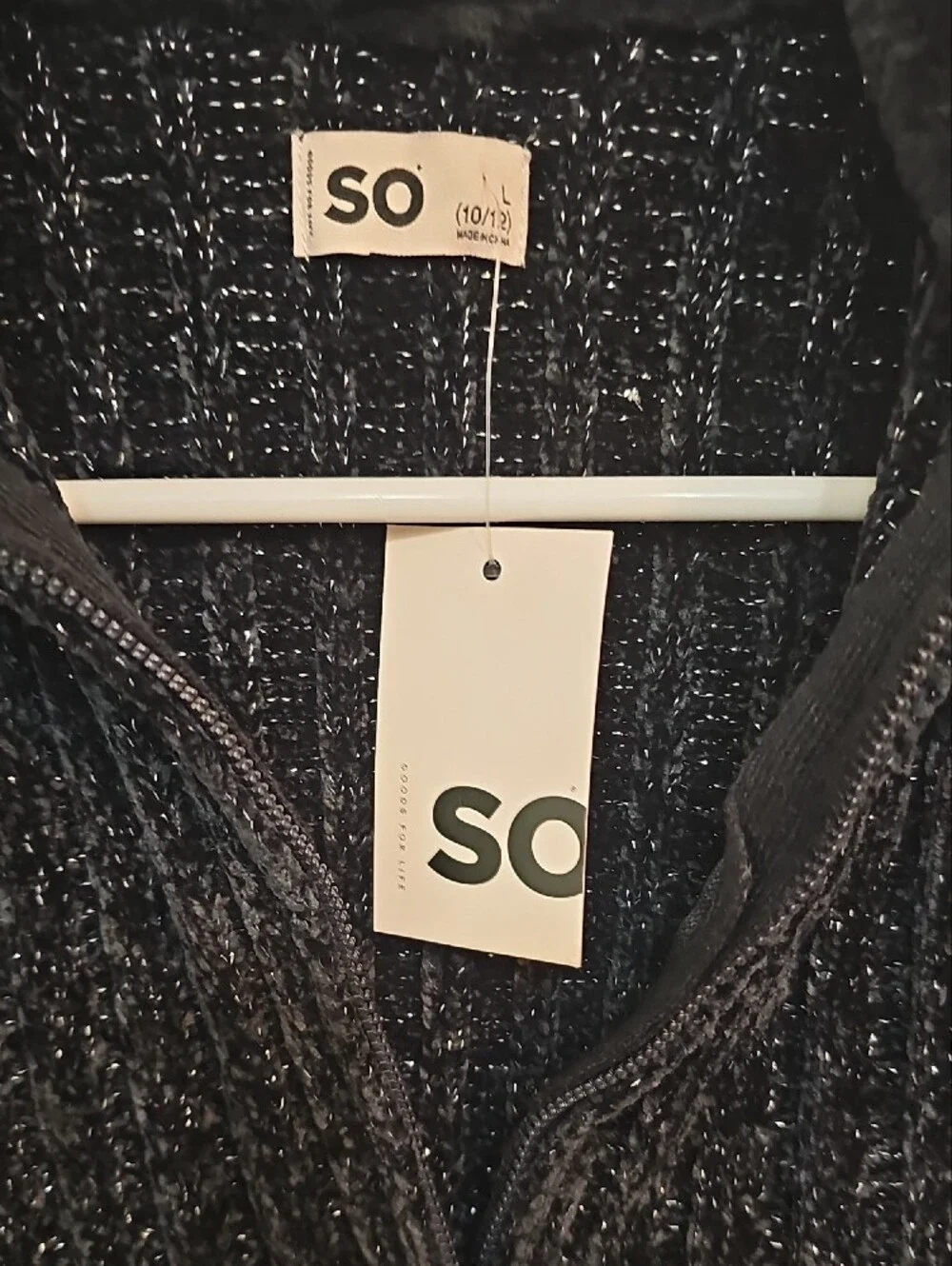 SO Black Shimmer Zip-Up Sweater with Faux-Fur Collar